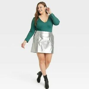 A New‎ Day Metallic Short Mini Skirt Women Silver XXL Shiny Glam Costume Cosplay